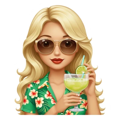 Blonde model with brown eyes, long wavy hair, margaritaville sticker