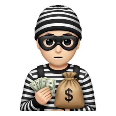 burglar with black and white striped shirt, black beanie, black mask over eyes, holding a moneybag sticker