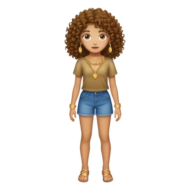 Full body teenage girl with curly brown hair, choni style with gold jewelry sticker