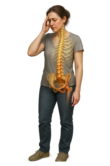 donna stanca a figura intera che si tiene una mano sulla tempia con spina dorsale anatomica visibile, iperrealistico 4k sticker