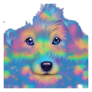 Multicolored rainbow retro groovy tie dye hippie trippy floral patterns on a metallic holographic iridescent blue dog face head unicorn sticker