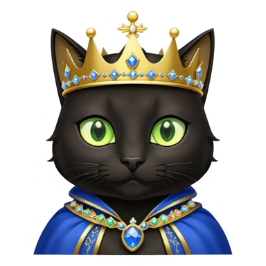 black cat with brilliant neon green eyes wearing a royal blue cape trimmed in gold and a crown with jewels sticker