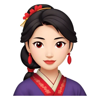 Cinematic Radiant Mulan Portrait Emoji, rendered in a realistic, vector-style with clean proportions. Show Mulan with a soft, confident smile, warm skin, and expressive eyes, her dark hair styled simply, and dressed in traditional clothing with understated red accents. The image radiates a gentle, luminous glow and high shine, accentuated by a soft glowing outline. sticker