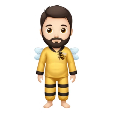 Grown up man with brown eyes, dark brown long hair, white skin, medium beard, full body in cute bee pijama sticker