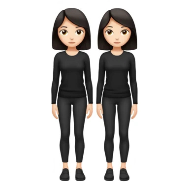Cartoon emoji of a woman with long, loose dark hair, wearing simple black clothes. Full-height, standing nervously with hunched shoulders, head slightly down, arms close or crossed, legs together, eyes looking away. Smooth, simple, stylized. sticker