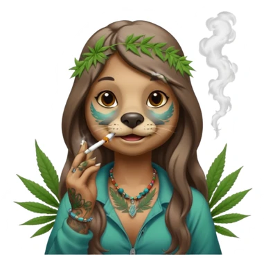 a female otter with long hair smoking a joint surrounded by marijuana fumes. a bit california hippy vibe, with tattoos and piercing sticker