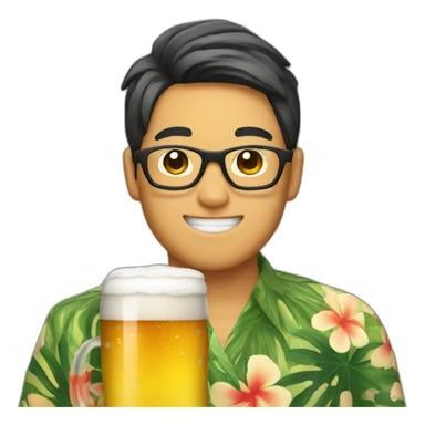 Japanese wearing glasses alohashirt is holding beer sticker