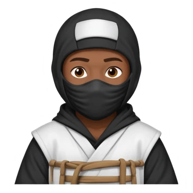 All white ninja robe with no black with white ski mask to cover face and neck with a hoodie on and dark brown skin color sticker