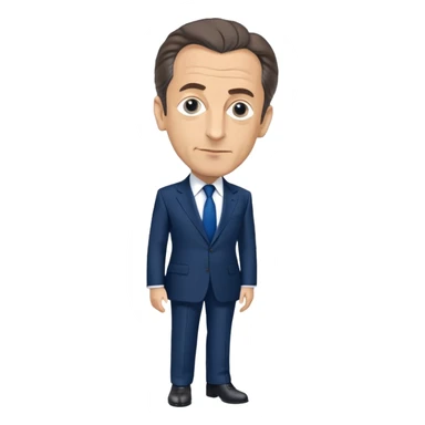 figure of Nicolas Sarkozy with an oversized head and small body, standing, wearing a navy suit and blue tie, highly recognizable face, simplified details sticker