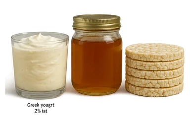 Yogurt Greco 2%
Miele (senza il cucchiaio di legno)
Gallette di Riso
vista frontale, iperrealistico 4k sticker