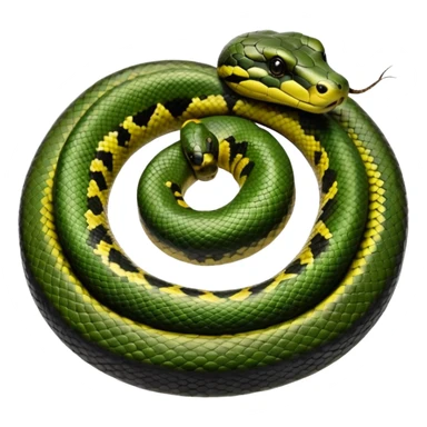 A photo-realistic top-down view of a Green Anaconda tightly coiled in a spiral, with its broad, flat head resting at the center. Its thick, muscular body is olive-green and covered in symmetrical, bold black oval spots that stand out against its smooth scales, creating striking natural camouflage. sticker