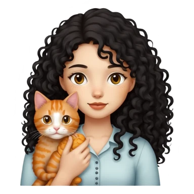 girl with long black curly hair holding a ginger cat sticker