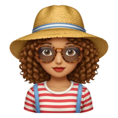 curly hair woman with striped clothing sun glasses and straw hat sticker
