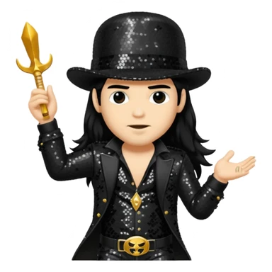 Slash from Gun n Roses with long jet black hair, black sequin outfit sticker