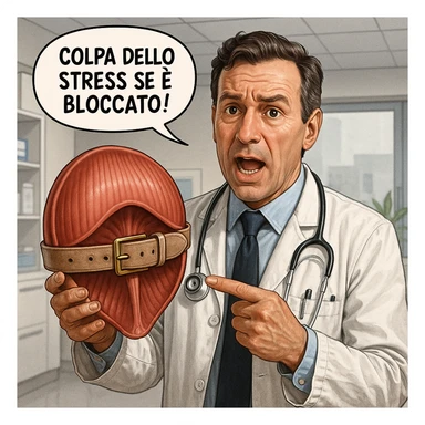 hyper realistic doctor holding a diaphragm locked by a tight belt, explaining expression, comic with the phrase 'Colpa dello stress se è bloccato!', realistic details, modern clinical environment sticker