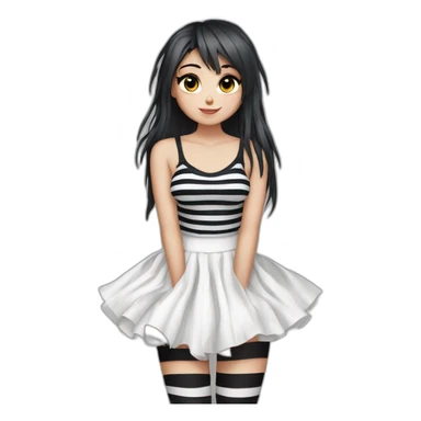 Frontal view curvy emo girl sits white skirt striped stockings hands up sticker
