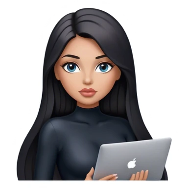 Glamours, tanned, very beautiful girl, with big pump peach-beige-rose lips, black straight smooth silky long hair, straight parting, blue-grey eyes, in black bodysuit holding MacBook sticker