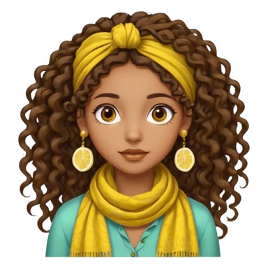 brown-skinned girl, bohemian, long curly brown hair tied up high at the back, lemon yellow scarf, round earrings sticker