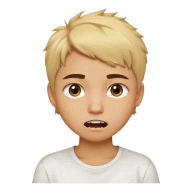 caramel skin color. Teen age. Short buzz, messy blonde hair, dark brown bushy eyebrows large expressive golden-brown eyes, brown skin color, scar over nose, wearing a plain white t-shirt. Mouth expression showing teeth sticker
