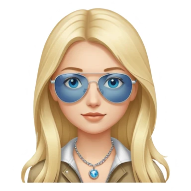 girl with long blond hair, blue eyes and aviator sunglasses wearing a ring on her silver necklace sticker