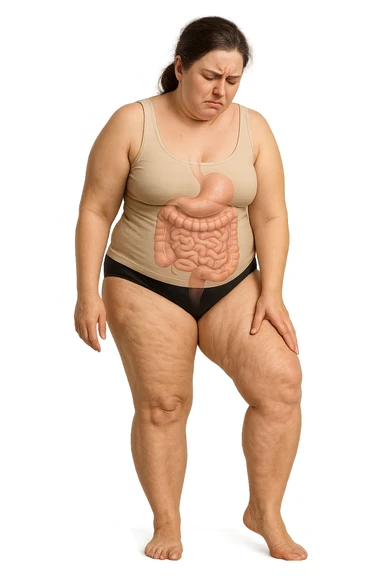 DONNA REALISTICA A FIGURA INTERA CON CELLULITE E GAMBE PESANTI E DOLORANTI, INTESTINO ANATOMICO IN EVIDENZA, CELLULITE VISIBILE, SI TOCCA LA GAMBA CON ESPRESSIONE DI FASTIDIO IN VOLTO, IPERREALISTICA 4K sticker