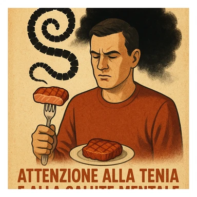 symbolic illustration: man holding fork with pork meat, behind him silhouette of tapeworm transforming into black cloud above head, text in Italian: 'Attenzione alla tenia e alla salute mentale', 4K quality sticker