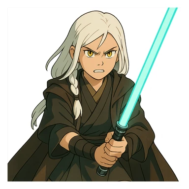  a closeup portrait of young woman with gold yellow eyes, white hair, long braid, black off-shoulder top, punk gothic style, futuristic cyberwave cyberpunk,  jedi attire and posture robes of a padawan, foreweilding a bright blue-green lightsaber, angry fierce face expression, power stance, 30-90 sticker