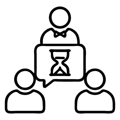 minimalist outlined icon of players and a game master collaborating, with a clock or hourglass representing a multi-day marathon, worn and distressed effect sticker