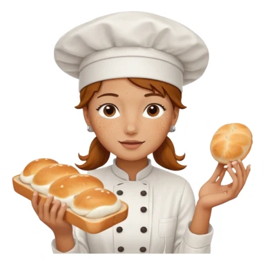 Young female baker - white chef hat, framing white cream pattern on bread sticker