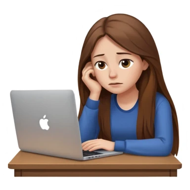 create a woman long hair brown, sitting with her macbook looking tired. looking at her computer, exausted  sticker