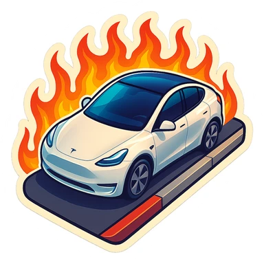 A Tesla Model Y parallel parking at a curb, from above, with fire around sticker