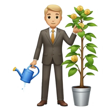Businessman in suit watering a money tree with growing coins and dollar signs sticker