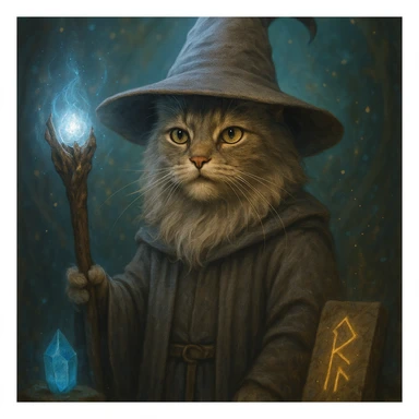 cat dressed as Gandalf, with wise expression and magical accessories sticker
