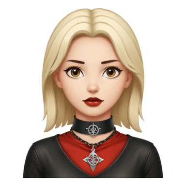 Leather choker with sigil around woman’s neck, pulse visible, dominance tone sticker