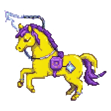 A yellow electric horse in pixel art style, made of electricity and lightning, with visible yellow wires, bolts shooting from its body as it runs. sticker