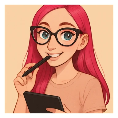 эта девушка в рисованном милом стиле, у девушки розовые длинные прямые волосы, большие выразительные голубые глаза, черные очки для зрения формы кошачий глаз, нос чуть с горбинкой, девушка улыбается а в зубах прикусывает перо от графического планшета, в другой руке держит сам планшет 
одета девушка в нюдовую пастельно-розовую рубашку, фон однородный светлый теплый беж sticker