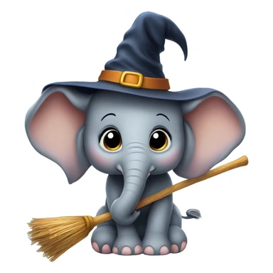 Baby ele flying on a broom with a witch hat sticker
