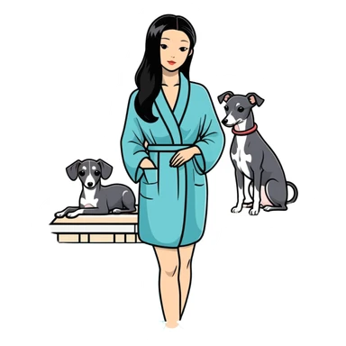 Very thin and slim Chinese woman with long black hair in elegant pool attire at a luxury spa pool with fancy amenities and her Italian greyhound that is COMPLETELY solid dark grey with ABSOLUTELY ZERO white markings anywhere - 100% uniform dark grey color only sticker