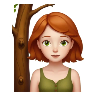 Petit sapin vert sylvestre, féminin, regard malicieux, tâches de rousseurs délicates, joues roses. Yeux de biche brillants en forme amande, yeux couleur ambre, tronc couleur acajou. Sapin en mouvement, incurvé pour un effet vivant. sticker