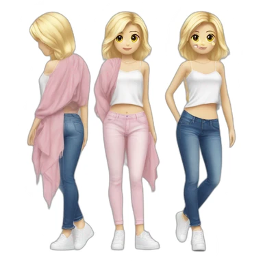 Fille cheveux blond long foncé peau blanche jeans noir pull tie n die rose sticker