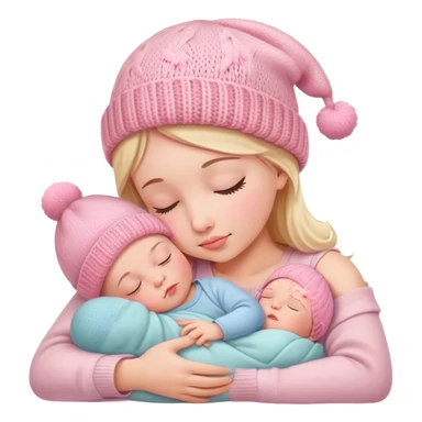 peaceful infant baby sleeping on mother's arm wearing cute pink knitted hat sticker