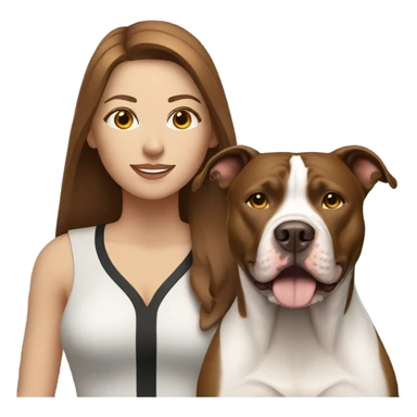white woman with straight long brown hair standing alongside a white pitbull sticker