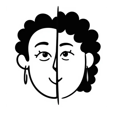 face split into two halves, one half realistic, other half art style sticker