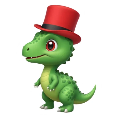 A side view of a very cute and adorable green anthropomorphic baby dinosaur with a red top hat sticker