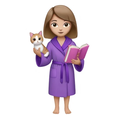 Девушка с короткими волосами до плеч русого цвета, с черными бровями, карие глаза, у неё фиолетовый халат, стоит в полный рост, в руках она держит розовую книгу, а возле ноги кот  sticker