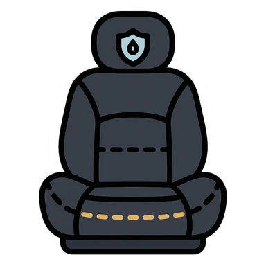 luxury car seat in matte black with a small droplet or shield on the headrest, elegant stitching, minimalist lines, modern and clean style icon sticker