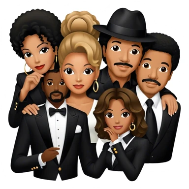 Icon for R&B Music: collage of iconic R&B artists—Michael Jackson, Beyoncé, Lionel Richie, Whitney Houston, and Barry White. Each artist represented by a silhouette or symbolic item (like a glove, microphone, or fedora). Transparent background. sticker