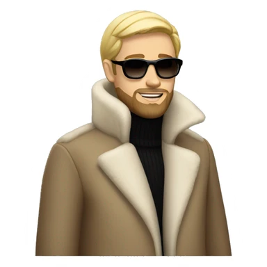 Blond man with beard wearing a long mink coat, sunglasses, and a high neck turtleneck sticker