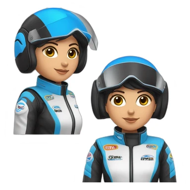Piloto mulher morena de kart macacão da cor preto e detalhe azul escuro e capacete branco com detalhe azul escuro sticker