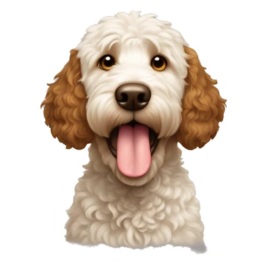 Brown and white patches Golden doodle dog showing tongue white head brown ears and brown patch on head sticker